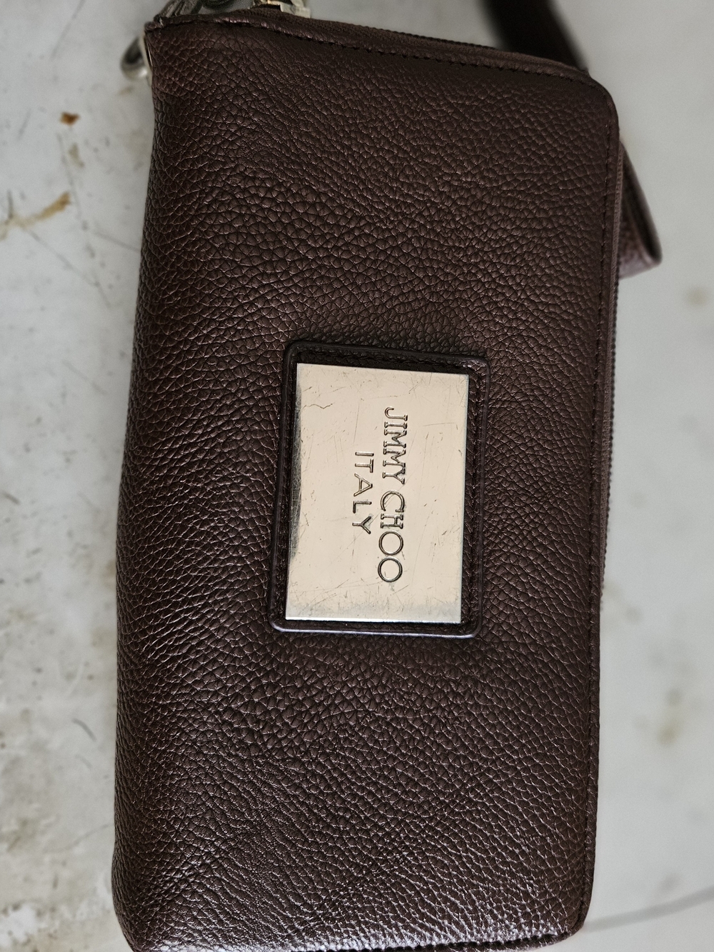 Jimmy Choo Dark Brown Pebbled Leather Wristlet with Logo Plate